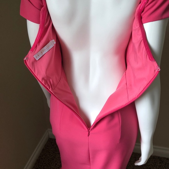 Abyss By Abby Pink Mirna Gown Prom Dress Off Shoulder Dress MIDI Ruffle Bottom - Picture 11 of 12